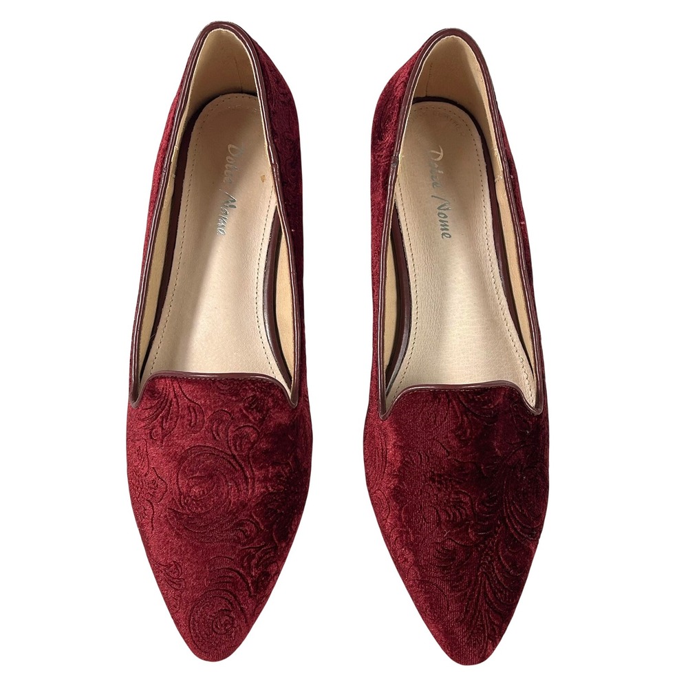 Dolce Nome Pico Burgundy Velvet Floral Damask Pointed Toe Loafers Flats Size 10